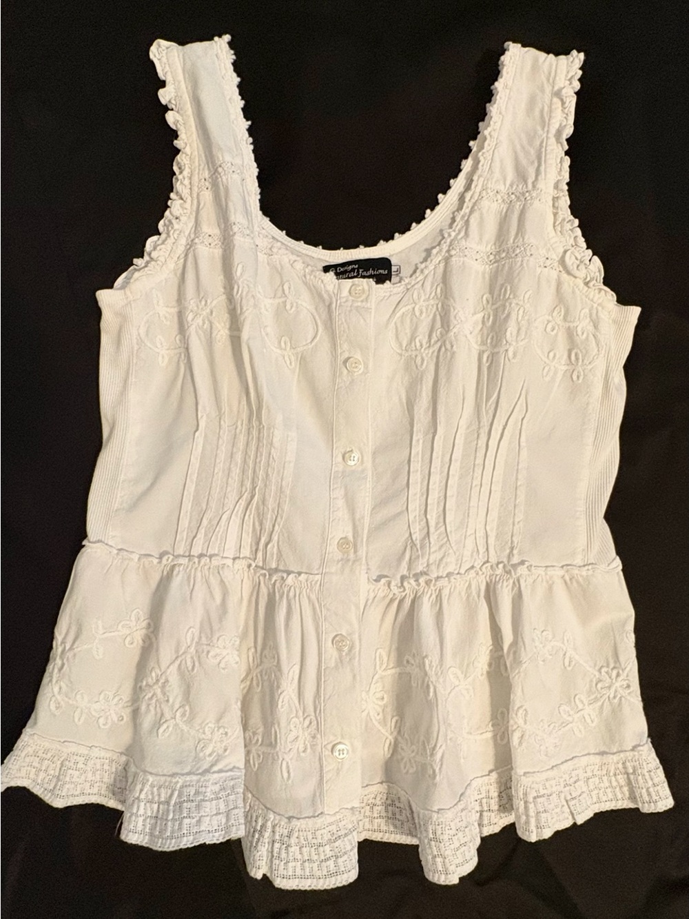 G DESIGNS, 100% Cotton White Embroidered & Ruffled Sleeveless Top with Peplum